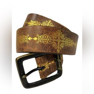 VTG Boho GUESS Brown Leather Belt Women's with Gold Embossing Size Small